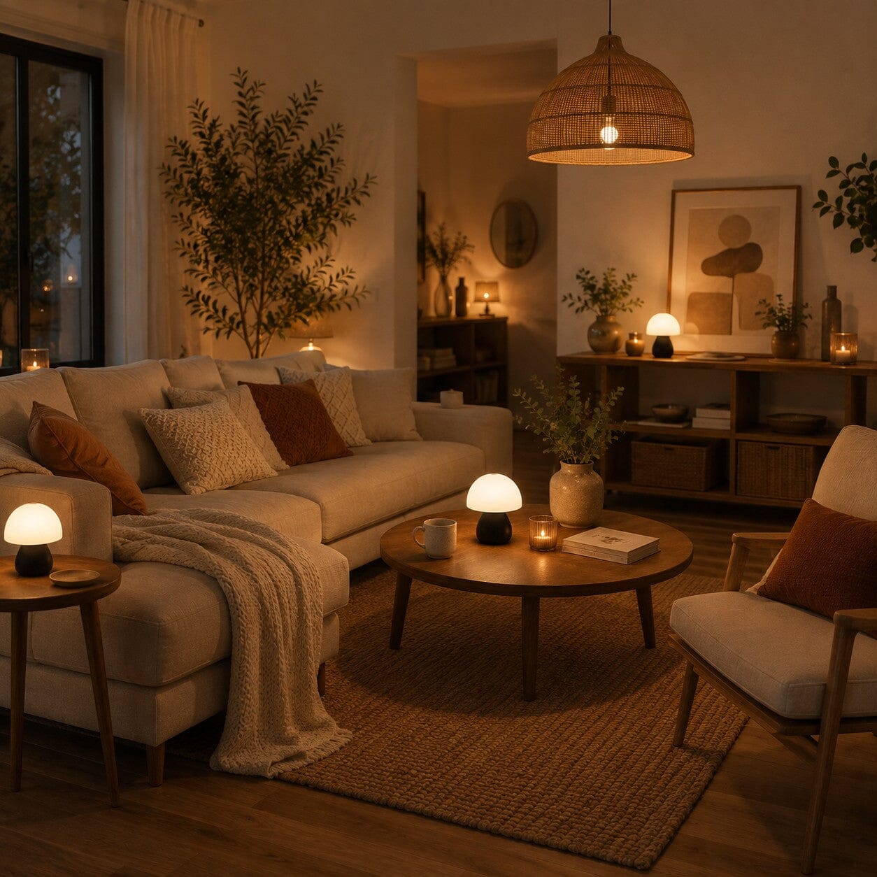 Lampe champignon Petite Nocturne noire dans un salon chaleureux au style Déco Unique
