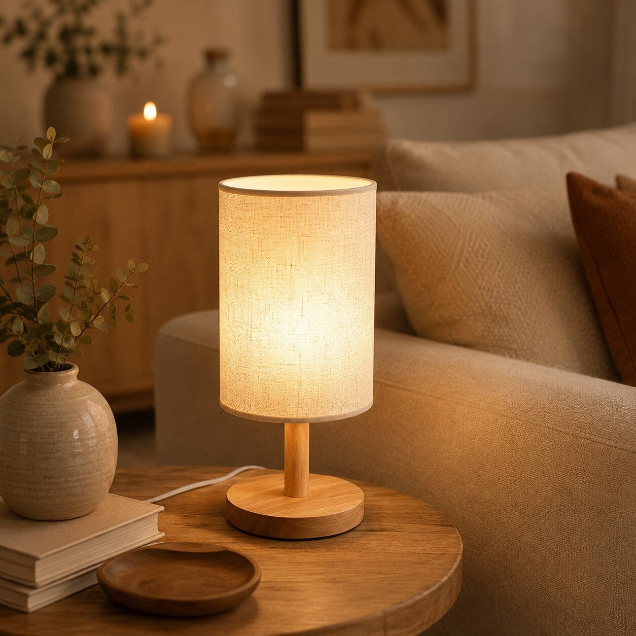 Lampe de salon Lueur Naturelle beige avec abat-jour en tissu et pied en bois sur une table d’appoint