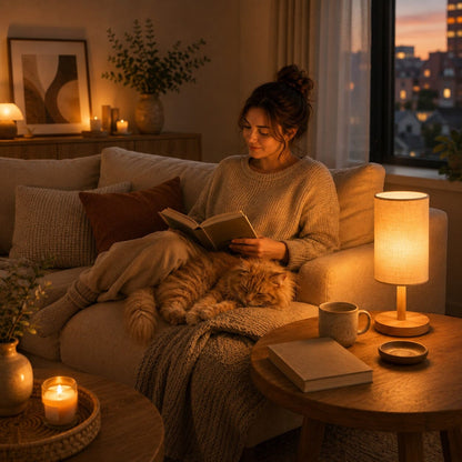 Lampe de salon Lueur Naturelle beige éclairant une femme qui lit confortablement sur son canapé avec son chat