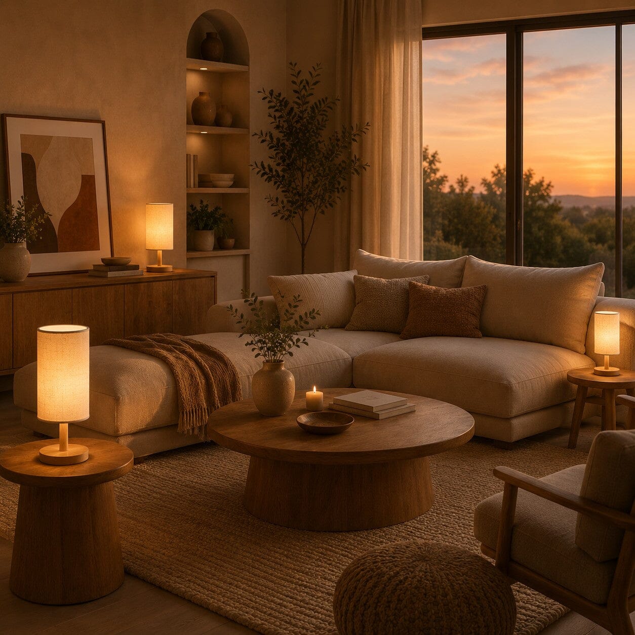 Lampe de salon Lueur Naturelle beige dans un grand salon chaleureux aux tons naturels, avec plusieurs lampes et canapé