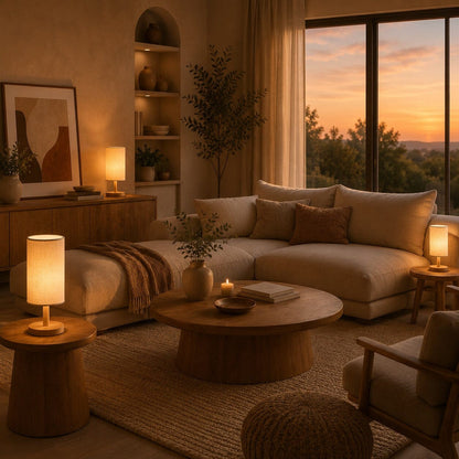 Lampe de salon Lueur Naturelle beige dans un grand salon chaleureux aux tons naturels, avec plusieurs lampes et canapé