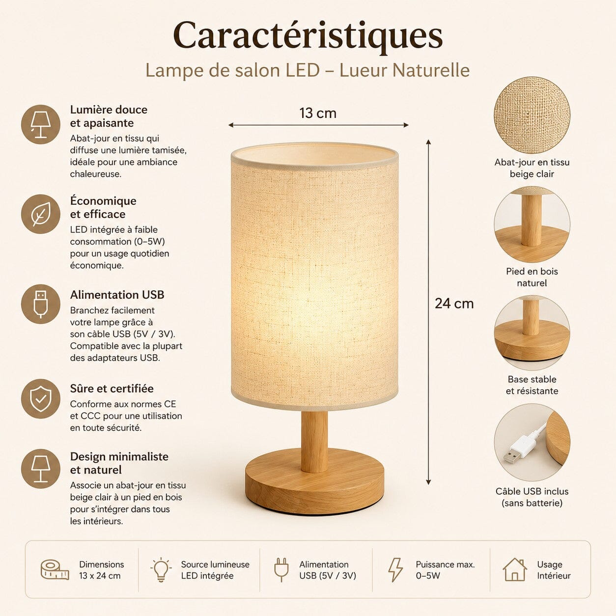 Lampe de salon Lueur Naturelle beige avec abat-jour en tissu, pied en bois, éclairage LED et alimentation USB
