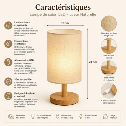 Lampe de salon Lueur Naturelle beige avec abat-jour en tissu, pied en bois, éclairage LED et alimentation USB