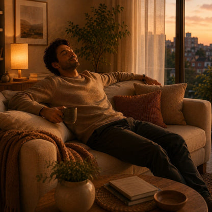 Lampe de salon Lueur Naturelle beige dans un intérieur chaleureux, avec un homme détendu sur son canapé à la lumière du coucher du soleil
