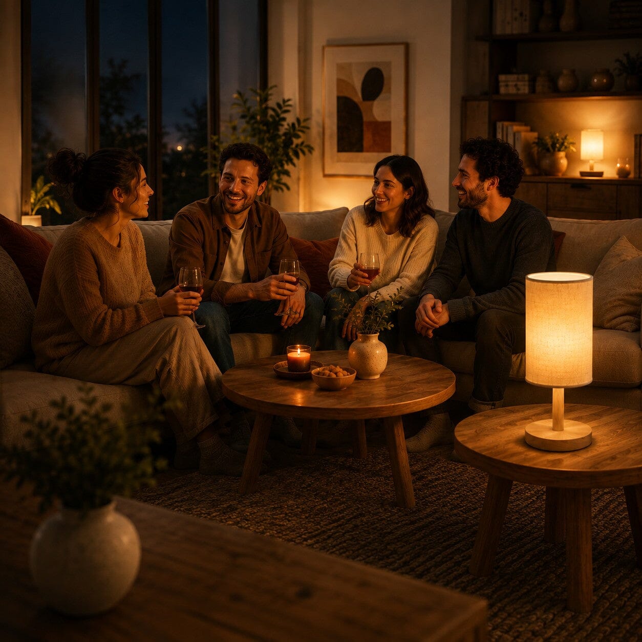 Lampe de salon Lueur Naturelle beige créant une ambiance chaleureuse dans un salon où des amis partagent un moment convivial