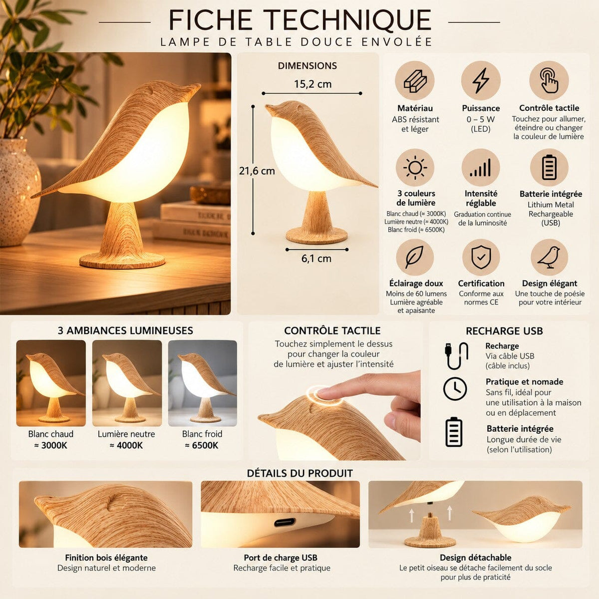 Lampe de table Douce Envolée en forme d’oiseau avec fiche technique, éclairage LED 3 couleurs, intensité réglable, recharge USB et design détachable