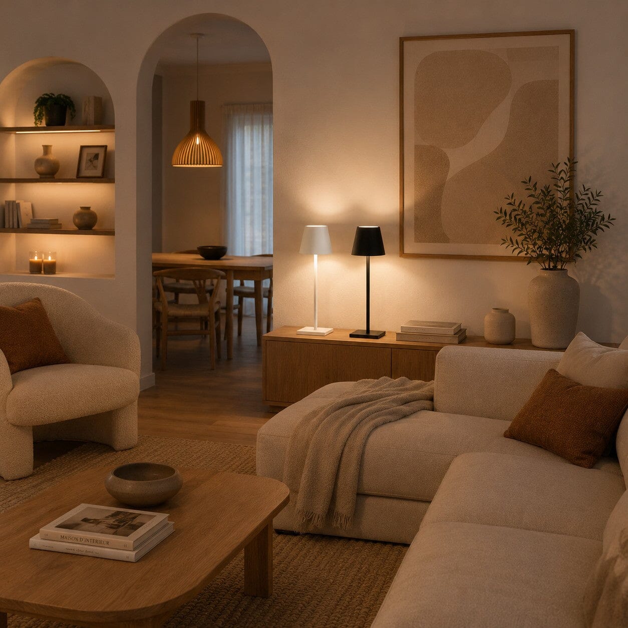Lampes de table Éclat Doux blanche et noire dans un salon chaleureux aux tons naturels