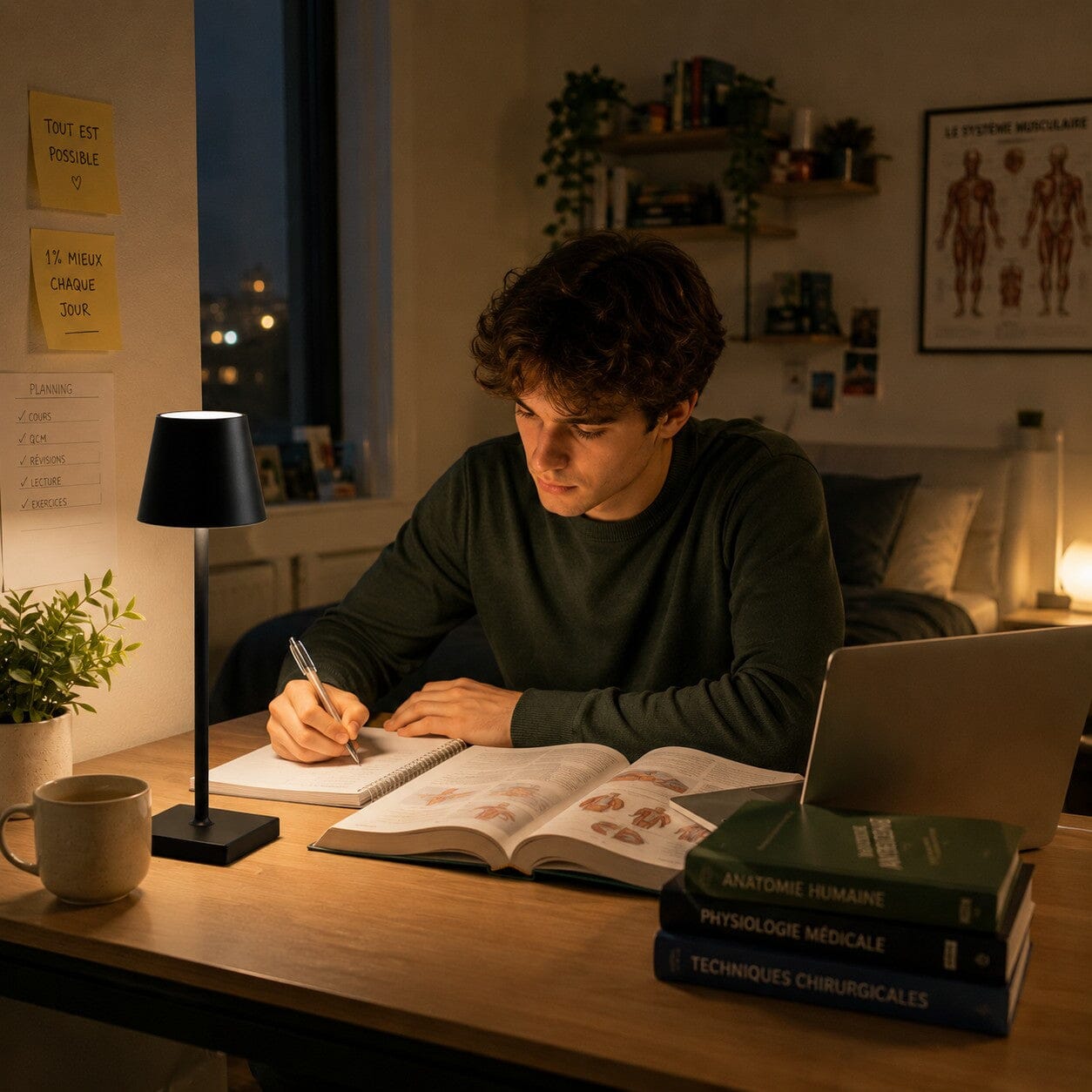 Lampe de table Éclat Doux sur un bureau d’étudiant dans un studio, créant une lumière douce pour travailler