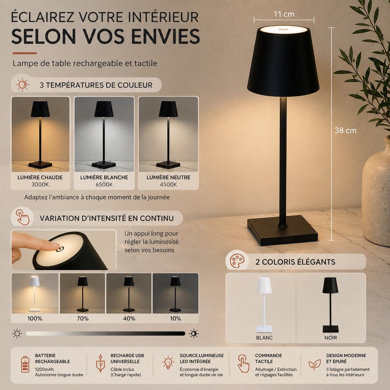 Caractéristiques de la lampe de table Éclat Doux rechargeable : 3 températures de couleur, intensité réglable et commande tactile