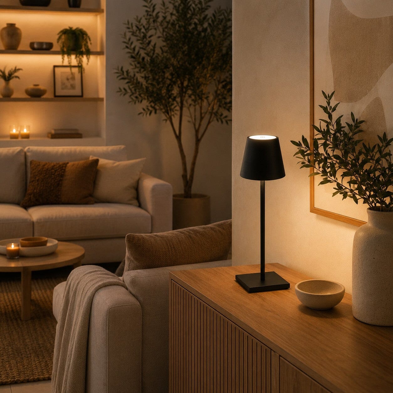 Lampe de table Éclat Doux noire dans un salon chaleureux avec canapé et décoration aux tons naturels