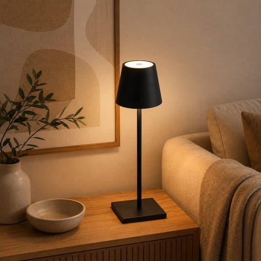 Lampe de table Éclat Doux noire dans un salon aux tons naturels et chaleureux