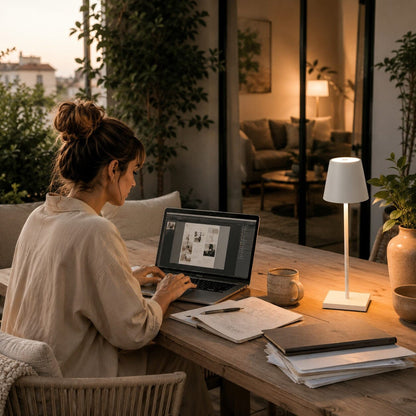 Lampe de table Éclat Doux rechargeable sur une terrasse aménagée pour travailler confortablement à domicile