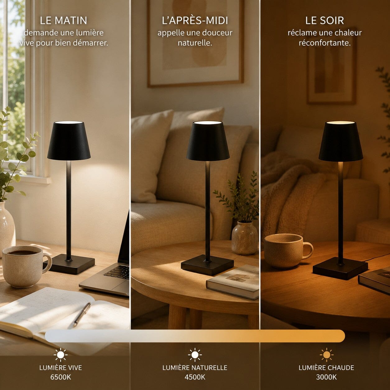 Lampe de table Éclat Doux avec trois ambiances lumineuses : lumière vive le matin, naturelle l’après-midi et chaude le soir