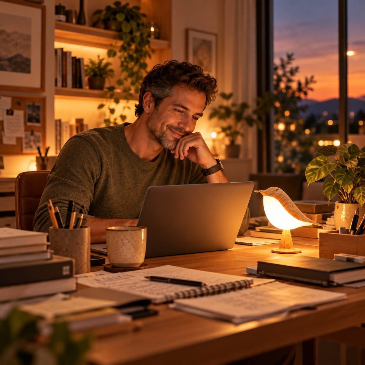Lampe de table oiseau sur un bureau à la maison, apportant une lumière douce pendant une soirée de travail