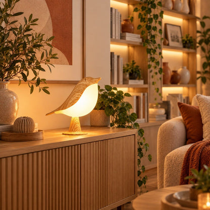 Lampe de table oiseau Douce Envolée dans un salon chaleureux avec bibliothèque