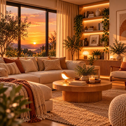 Lampe de table oiseau sur une table basse dans un salon beige aux tons naturels, avec une ambiance chaleureuse au coucher du soleil