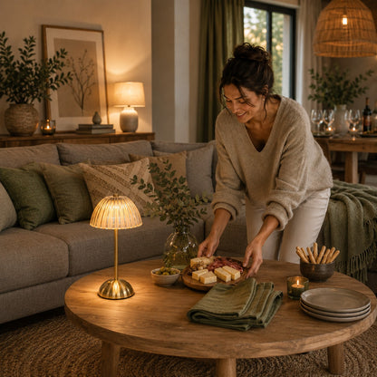 Lampe de table rechargeable Éclat Précieux dans un salon aux tons naturels, avec une femme préparant un apéritif sur la table basse