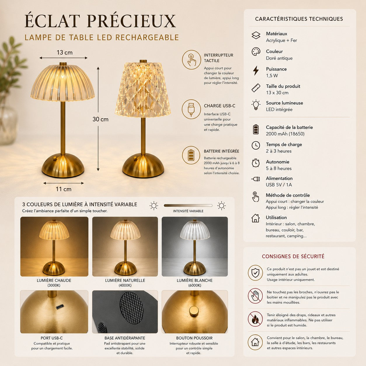 Lampe de table rechargeable Éclat Précieux avec 3 couleurs de lumière, intensité variable, recharge USB-C et batterie intégrée