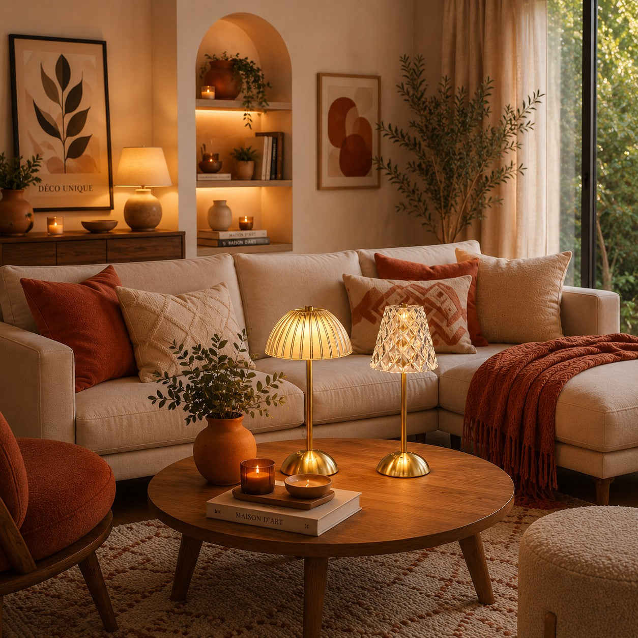 Lampes de table rechargeables Éclat Précieux, modèles dôme et facetté, dans un salon chaleureux aux accents terracotta
