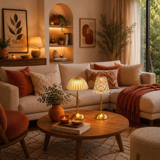 Lampes de table rechargeables Éclat Précieux, modèles dôme et facetté, dans un salon chaleureux aux accents terracotta