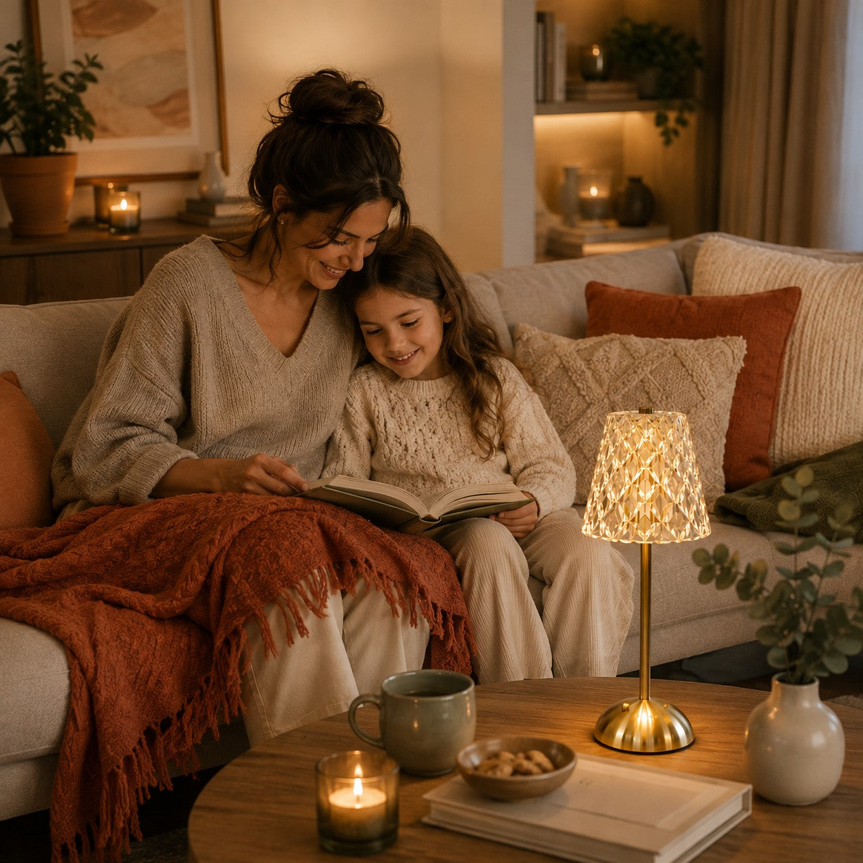 Lampe de table rechargeable Éclat Précieux modèle facetté, éclairant un moment de lecture entre une grand-mère et sa petite-fille dans un salon chaleureux