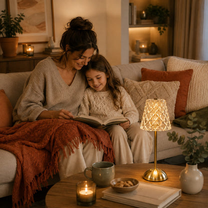 Lampe de table rechargeable Éclat Précieux modèle facetté, éclairant un moment de lecture entre une grand-mère et sa petite-fille dans un salon chaleureux