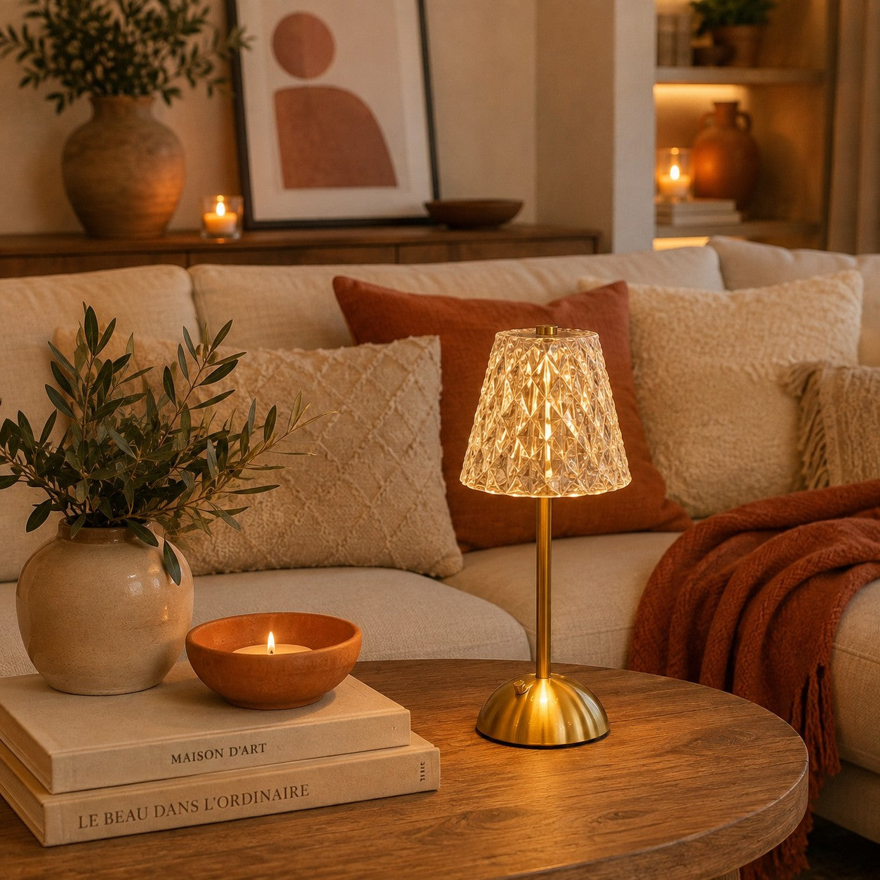 Lampe de table rechargeable Éclat Précieux modèle facetté dans un salon chaleureux aux tons terracotta, beige et doré 