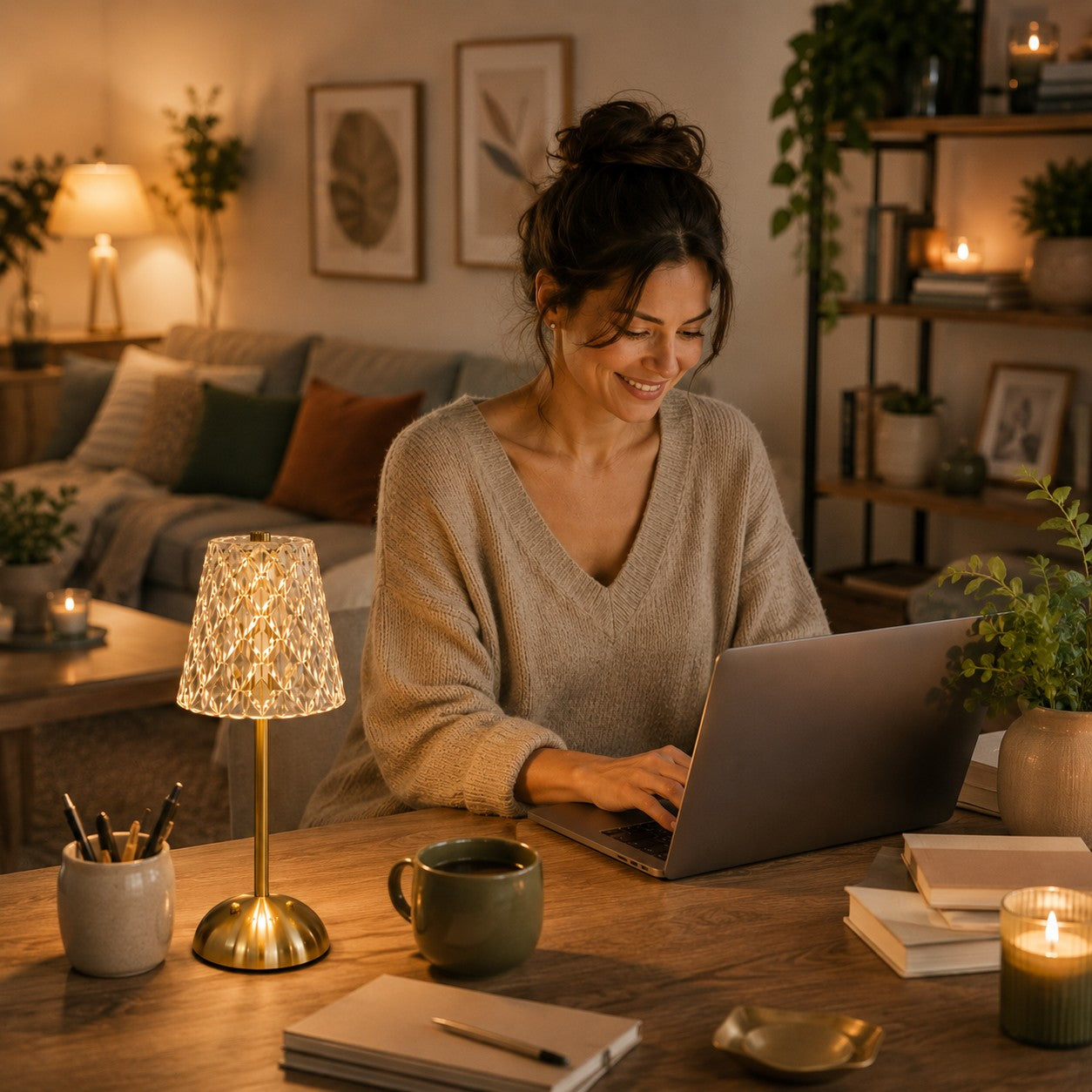 Lampe de table rechargeable Éclat Précieux modèle facetté sur un bureau dans un salon, avec une femme travaillant à domicile