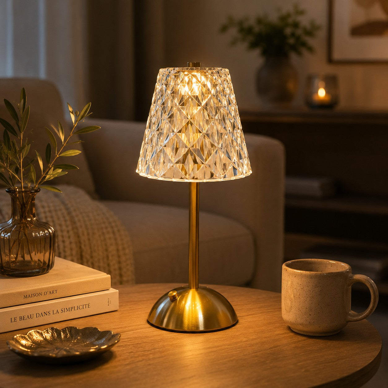 Lampe de table rechargeable Éclat Précieux à abat-jour facetté dans un salon chaleureux