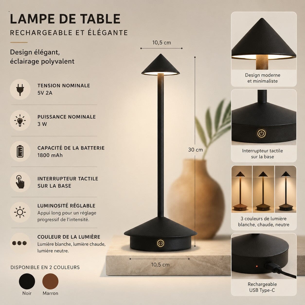 Lampe de table sans fil Éclat Nomade avec éclairage réglable, 3 températures de lumière et recharge USB