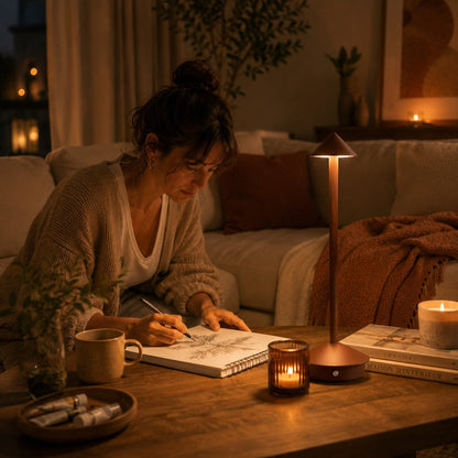 Lampe de table sans fil Éclat Nomade marron éclairant une femme qui dessine sur sa table basse