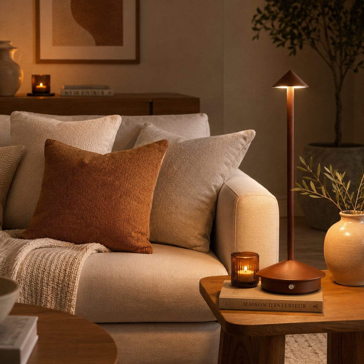 Lampe de table sans fil Éclat Nomade marron dans un salon chaleureux avec canapé