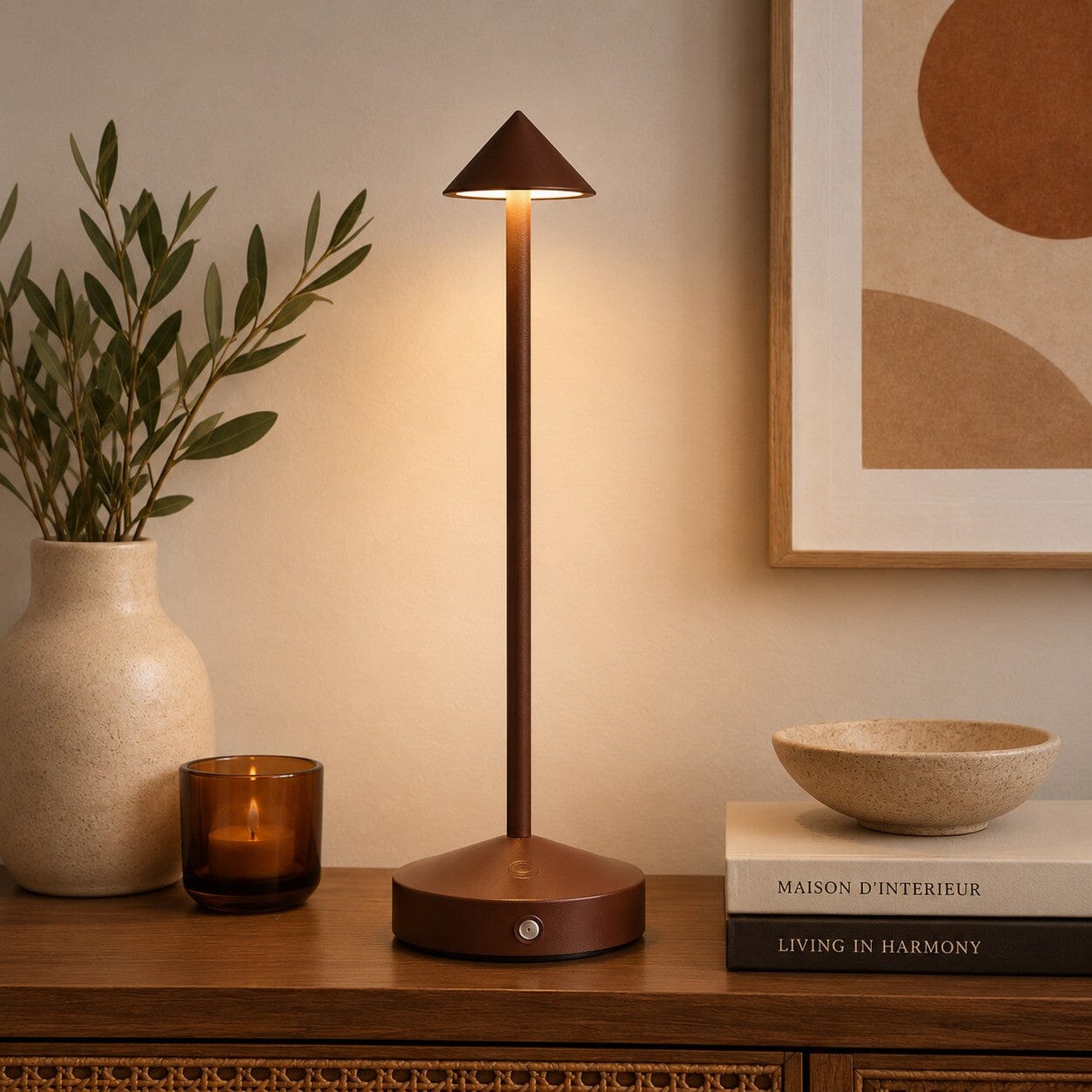 Lampe de table sans fil Éclat Nomade marron dans un intérieur chaleureux aux tons naturels