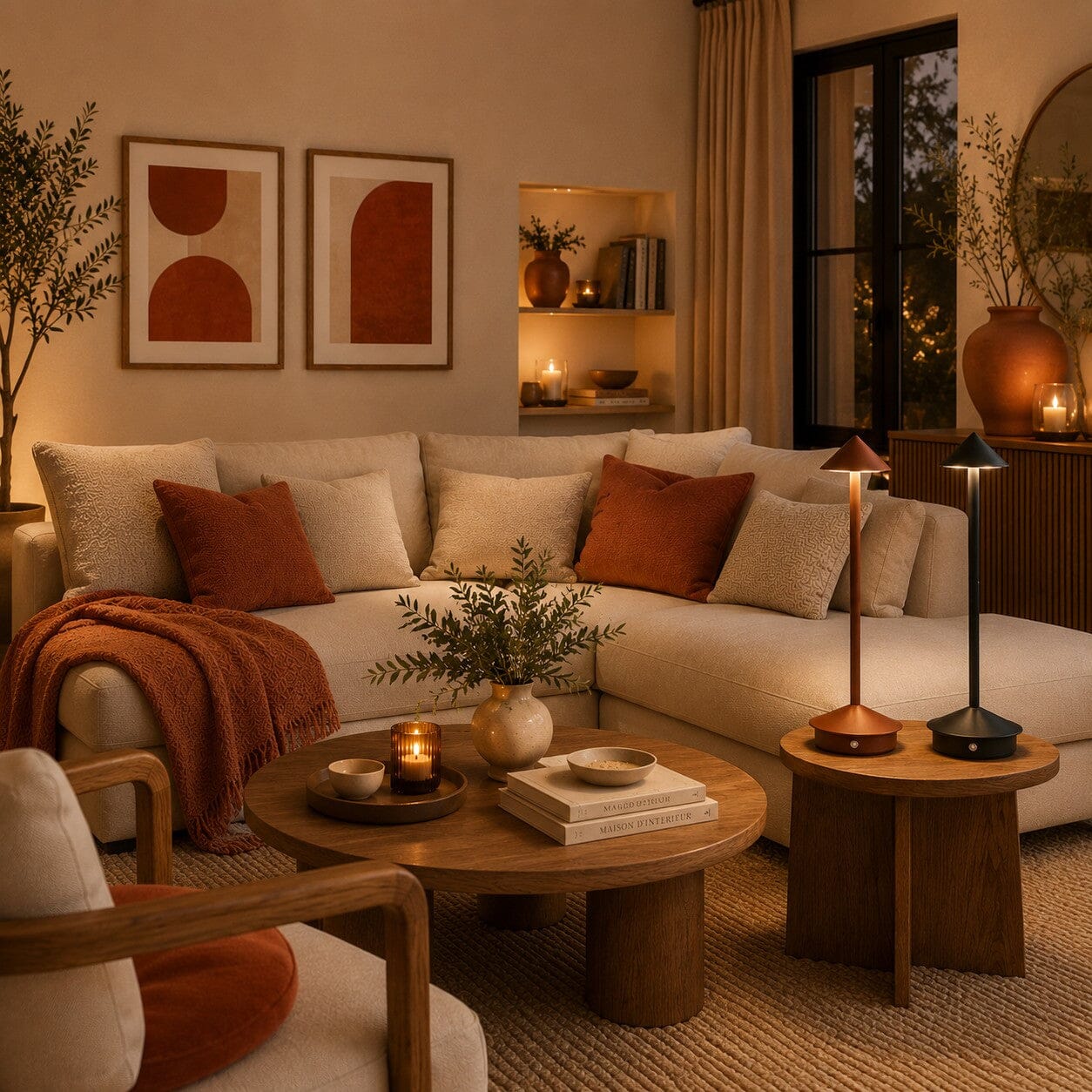 Lampes de table sans fil Éclat Nomade noire et marron dans un salon chaleureux avec touches de terracotta
