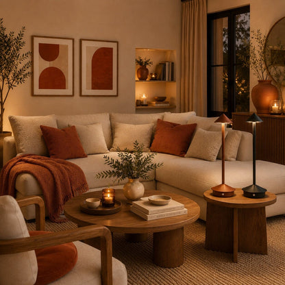 Lampes de table sans fil Éclat Nomade noire et marron dans un salon chaleureux avec touches de terracotta