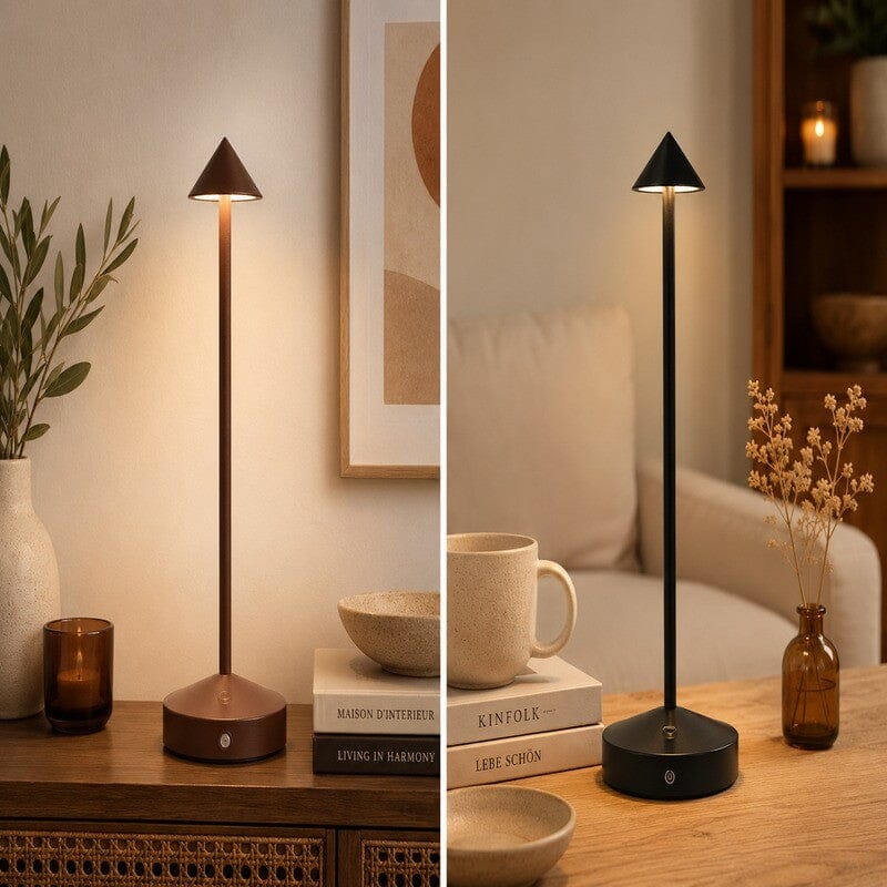 Lampes de table sans fil Éclat Nomade noire et marron dans un intérieur chaleureux et contemporain