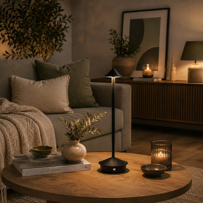 Lampe de table sans fil Éclat Nomade noire dans un salon chaleureux aux tons naturels et vert sauge