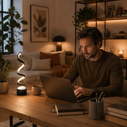 Lampe salon Lueur Spirale noire sur un bureau en bois dans un intérieur chaleureux, avec un homme travaillant à domicile