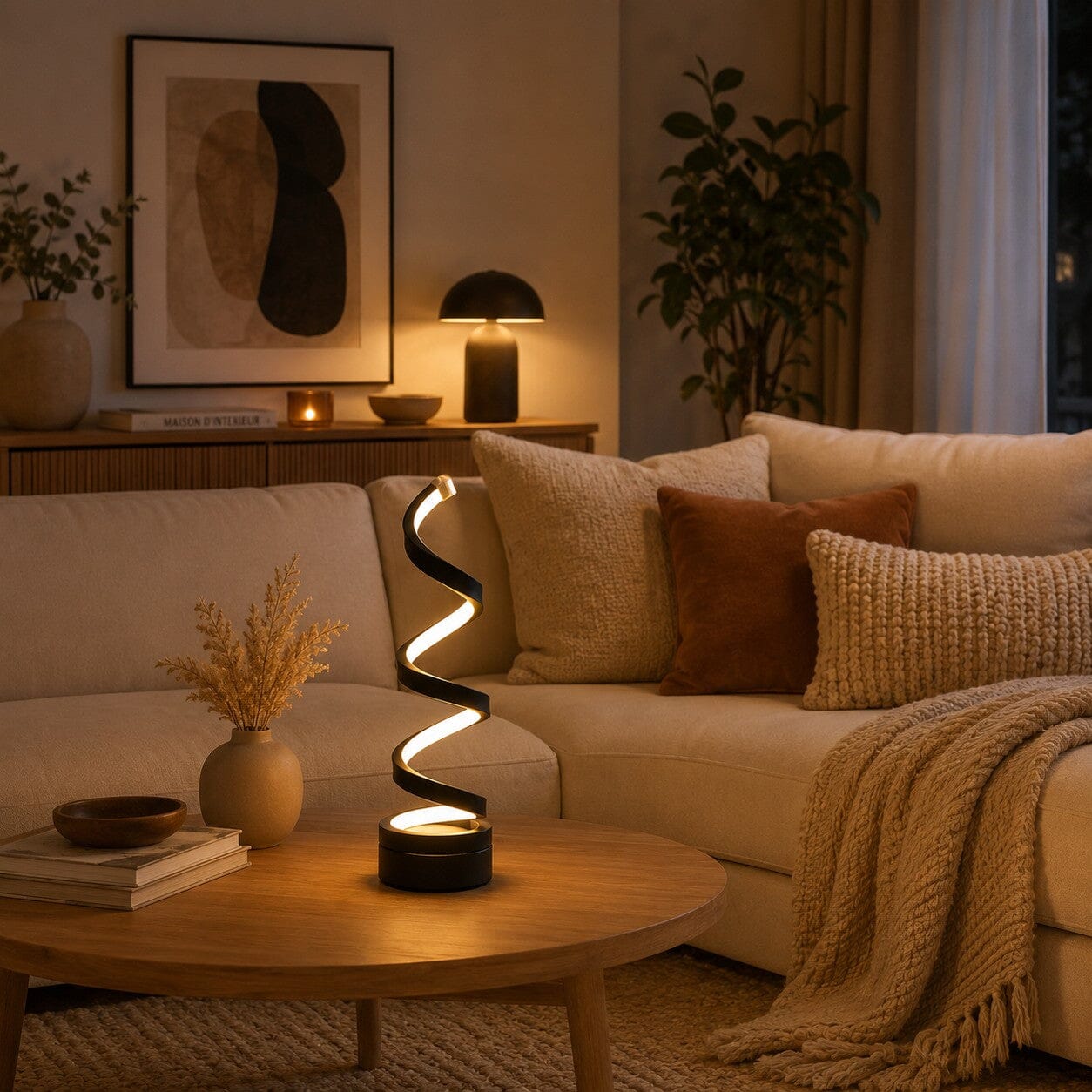 Lampe salon Lueur Spirale noire sur une table basse dans un salon chaleureux avec canapé
