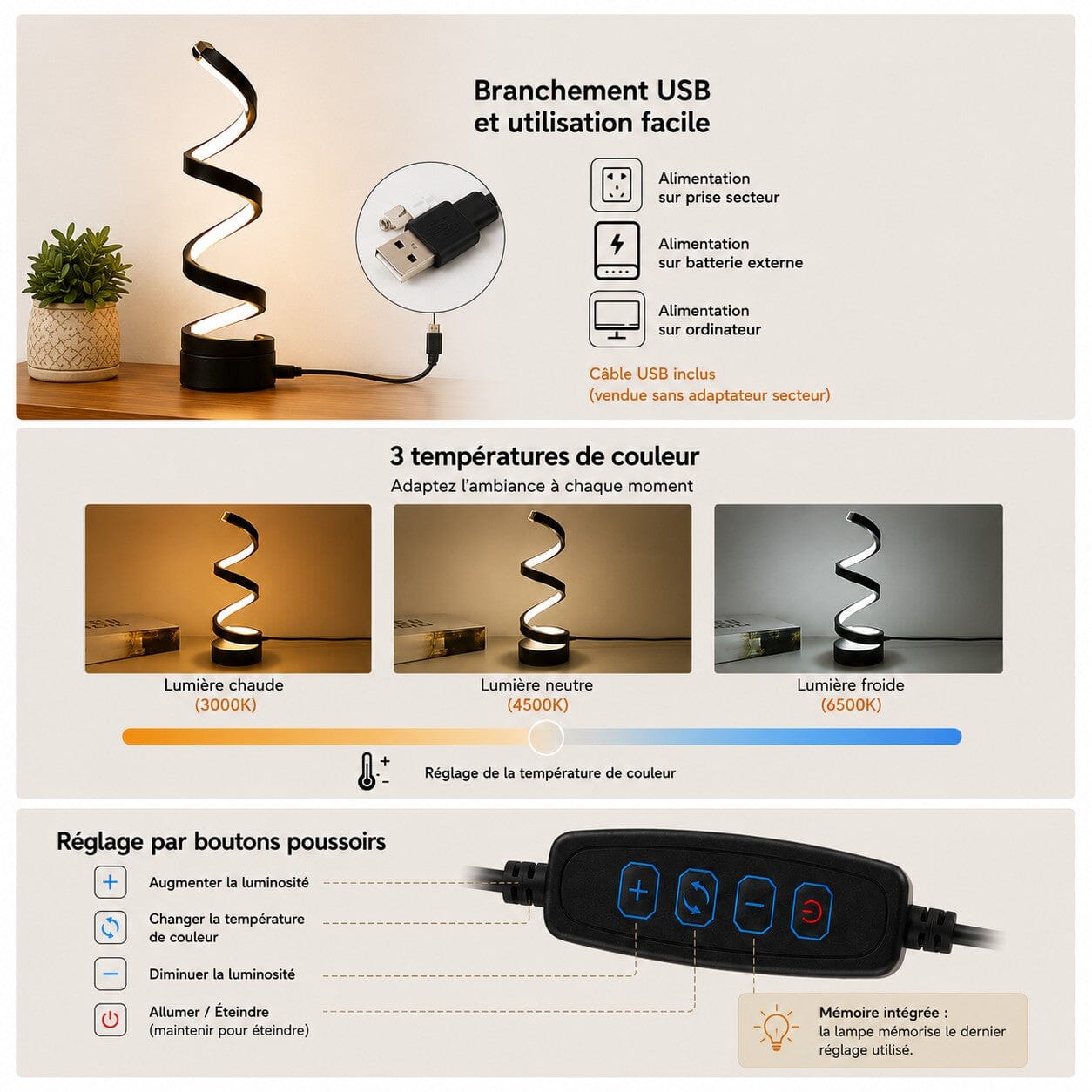 Lampe salon Lueur Spirale noire avec branchement USB, trois températures de couleur et réglage de luminosité