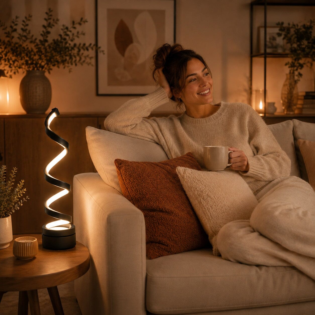 Lampe salon Lueur Spirale noire sur une table d’appoint, près d’une femme détendue sur son canapé