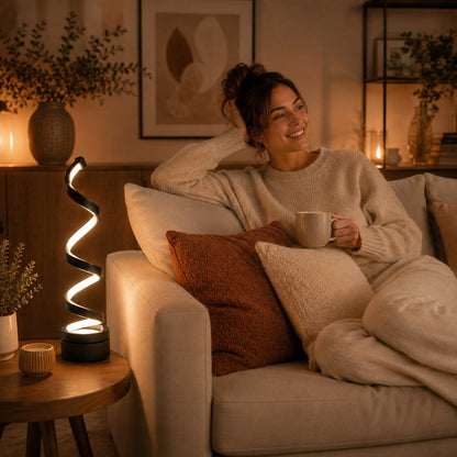 Lampe salon Lueur Spirale noire sur une table d’appoint, près d’une femme détendue sur son canapé