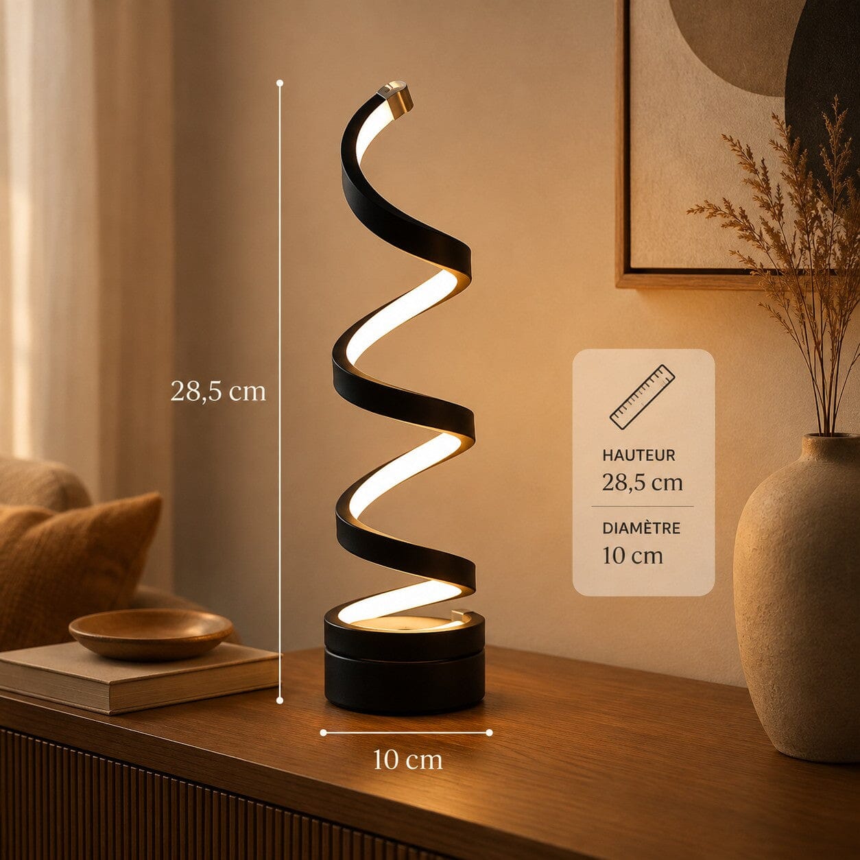 Lampe salon Lueur Spirale noire de 28,5 cm de hauteur et 10 cm de diamètre