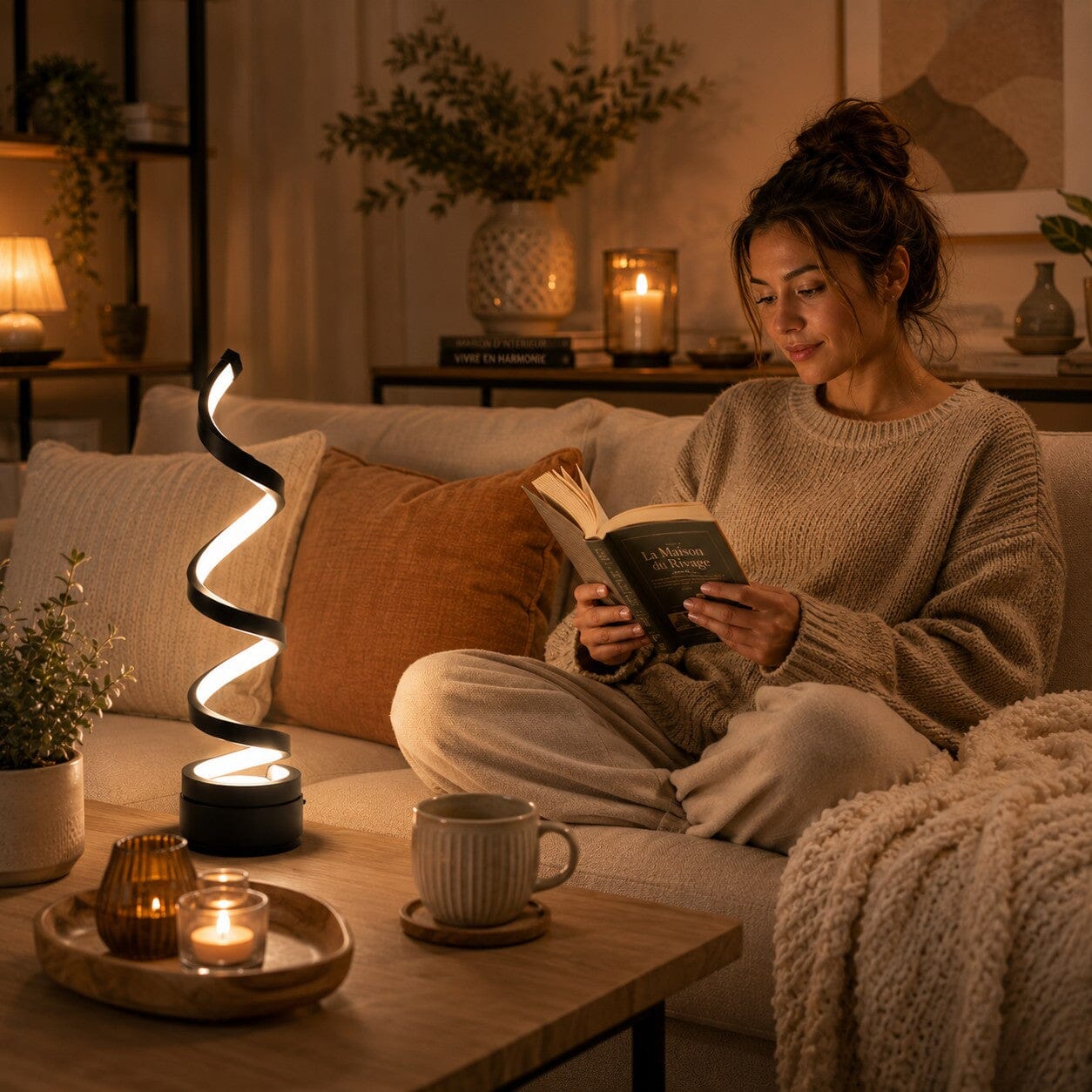 Lampe salon Lueur Spirale noire sur une table basse, éclairant une femme qui lit confortablement sur son canapé