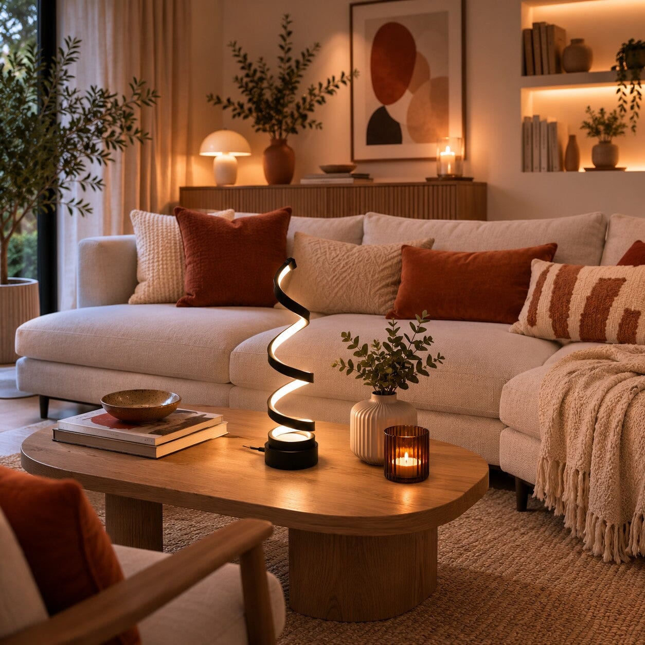Lampe salon Lueur Spirale noire sur une table basse dans un salon aux tons naturels et terracotta