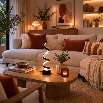 Lampe salon Lueur Spirale noire sur une table basse dans un salon aux tons naturels et terracotta