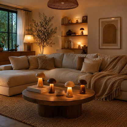 Lampes champignon design en bois de noyer et de hêtre sur une table basse dans un salon chaleureux