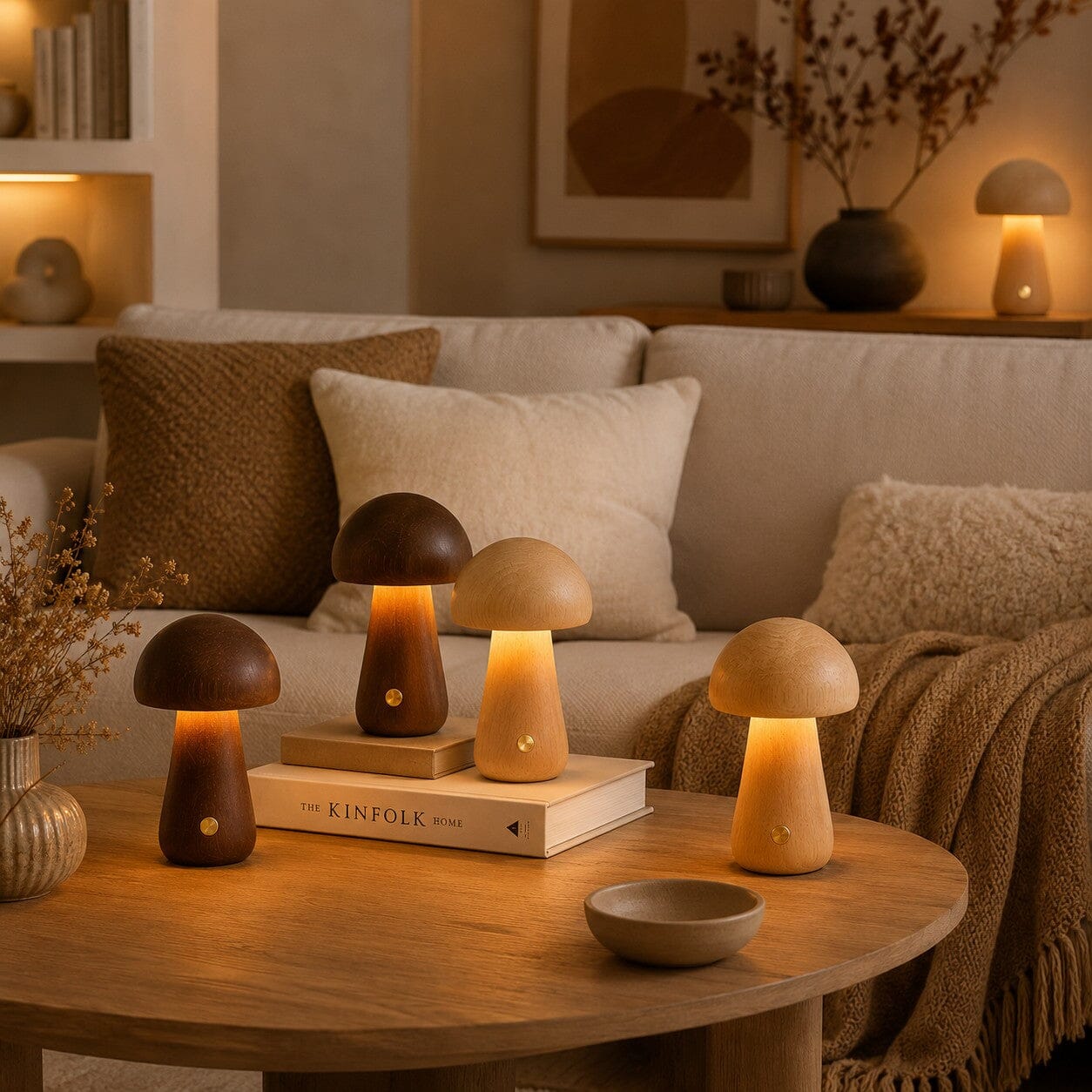 Lampes champignon design en bois de noyer et de hêtre disposées sur une table basse devant un canapé