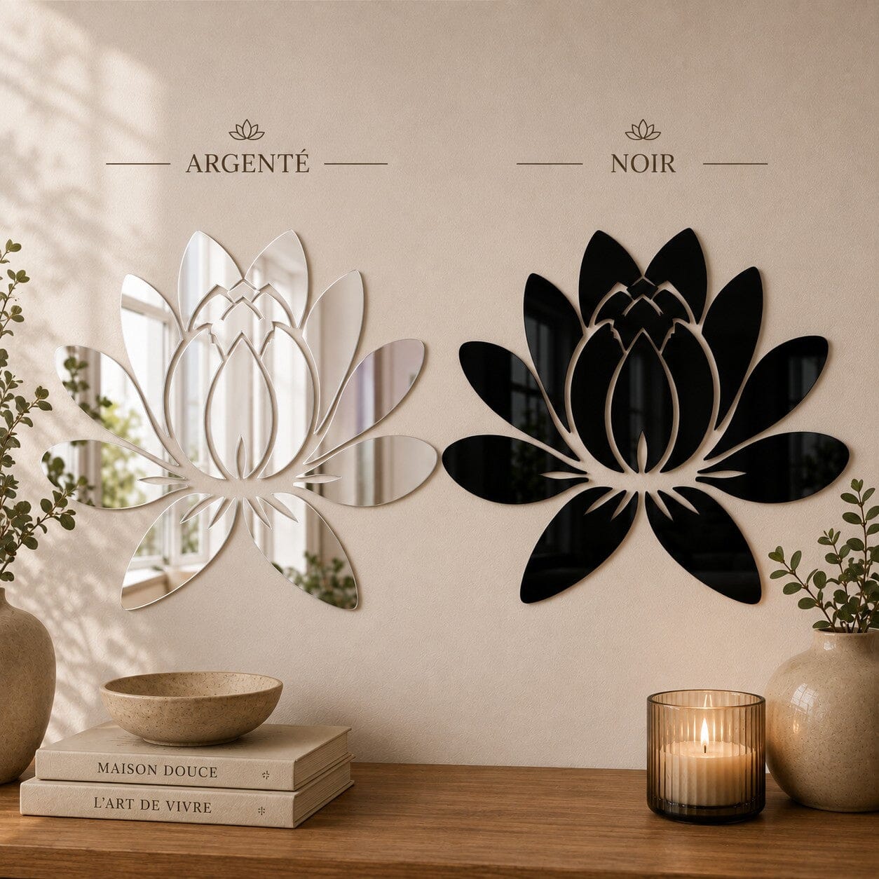 Lotus stickers mural en variantes argentée et noire