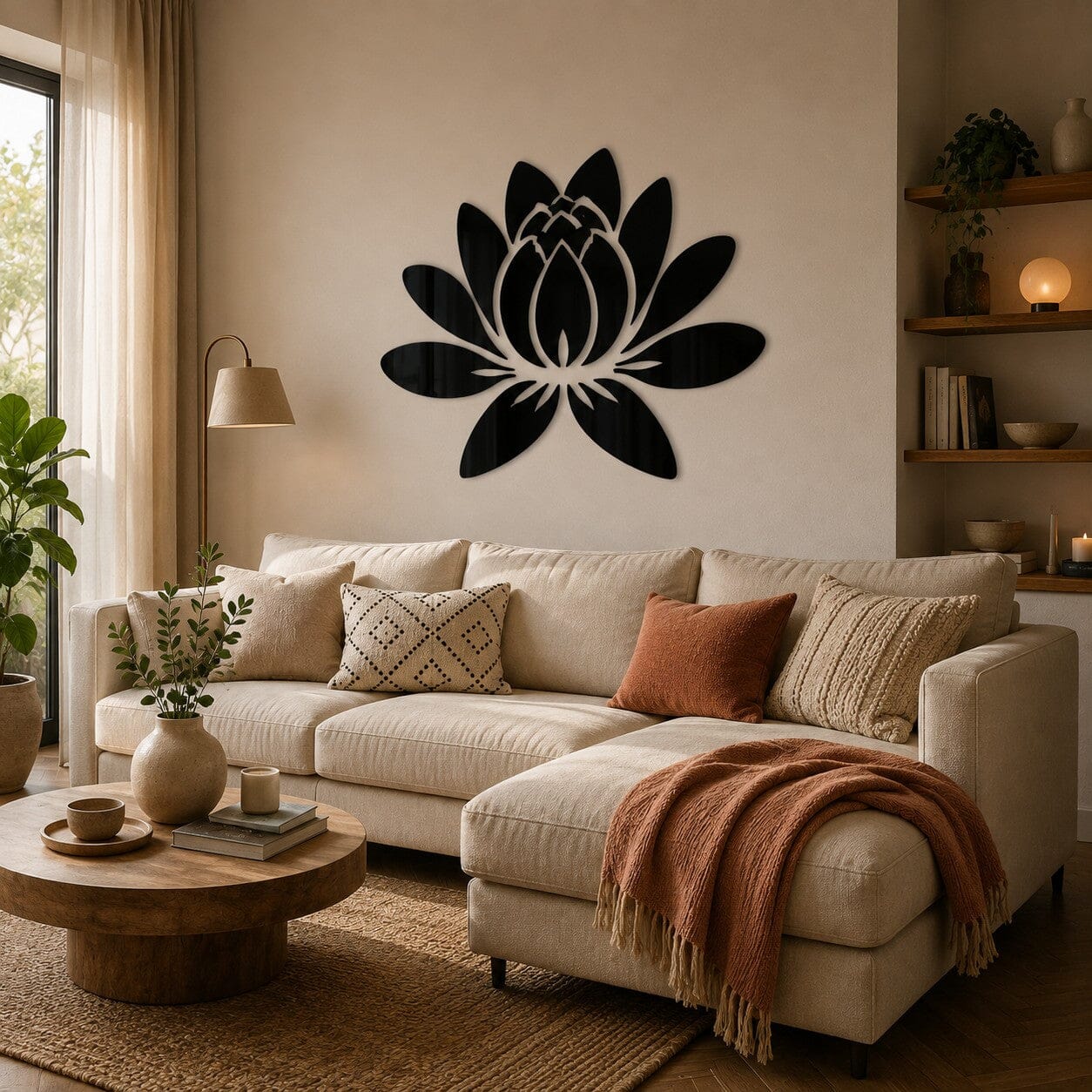 Lotus stickers mural noir de 50 x 36 cm au-dessus d’un canapé dans un salon chaleureux